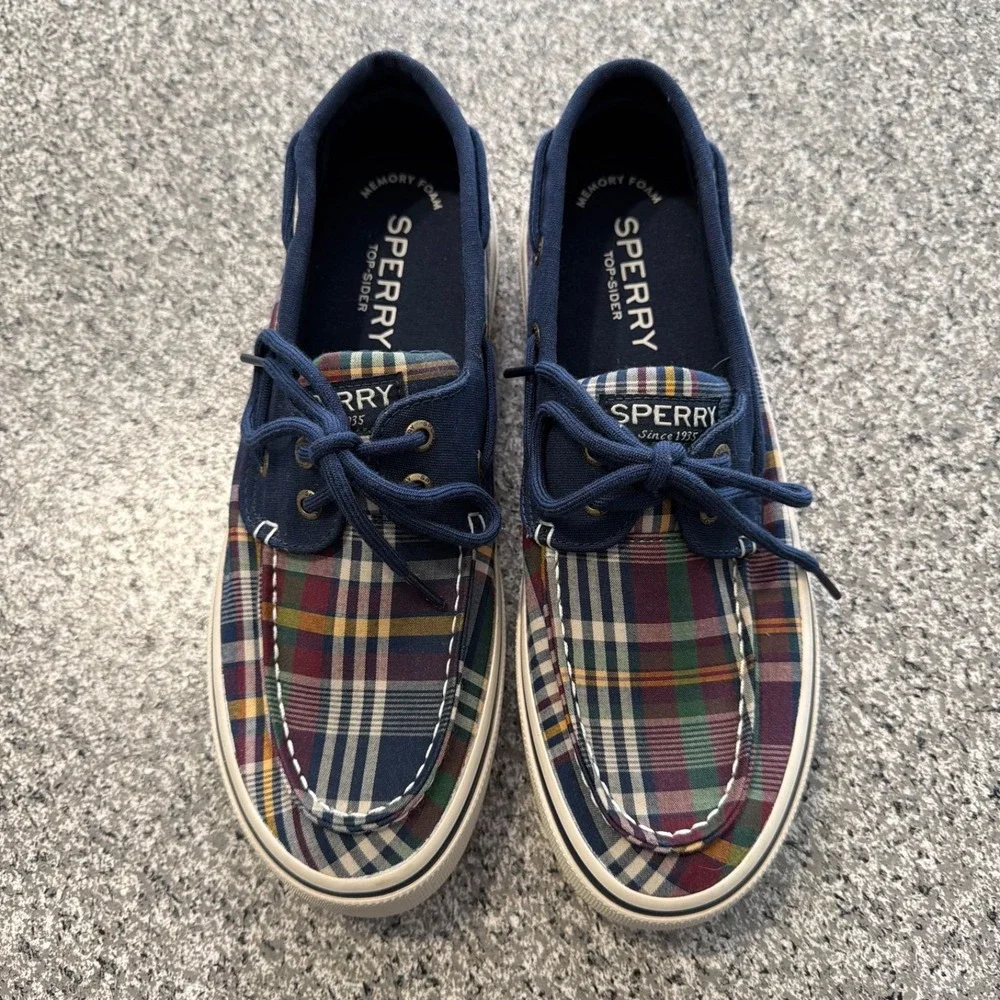 Sperry Boat Shoes Mens 8 Halyard Pretty Plaid Casual Navy STS22763